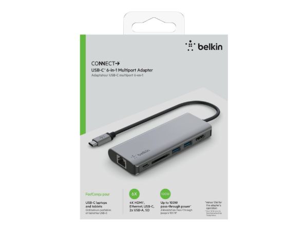 Imagen de Belkin CONNECT USB-C 6-in-1 Multiport Adapter - Estación de conexión - USB-C - HDMI - 1GbE