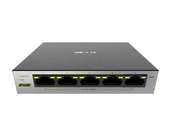 Imagen de Nexxt Solutions Infrastructure - Switch - Gigabit Ethernet - 5 x 10/100/1000 - 1 Gigabit Ethernet - 4 POE+ 60W