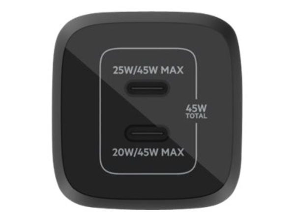 Imagen de Belkin - Adaptador de corriente - tecnología PPS y GaN - 45 vatios - 3 A - Fast Charge, PD 3.0 - 2 conectores de salida (2 USB-C) - negro